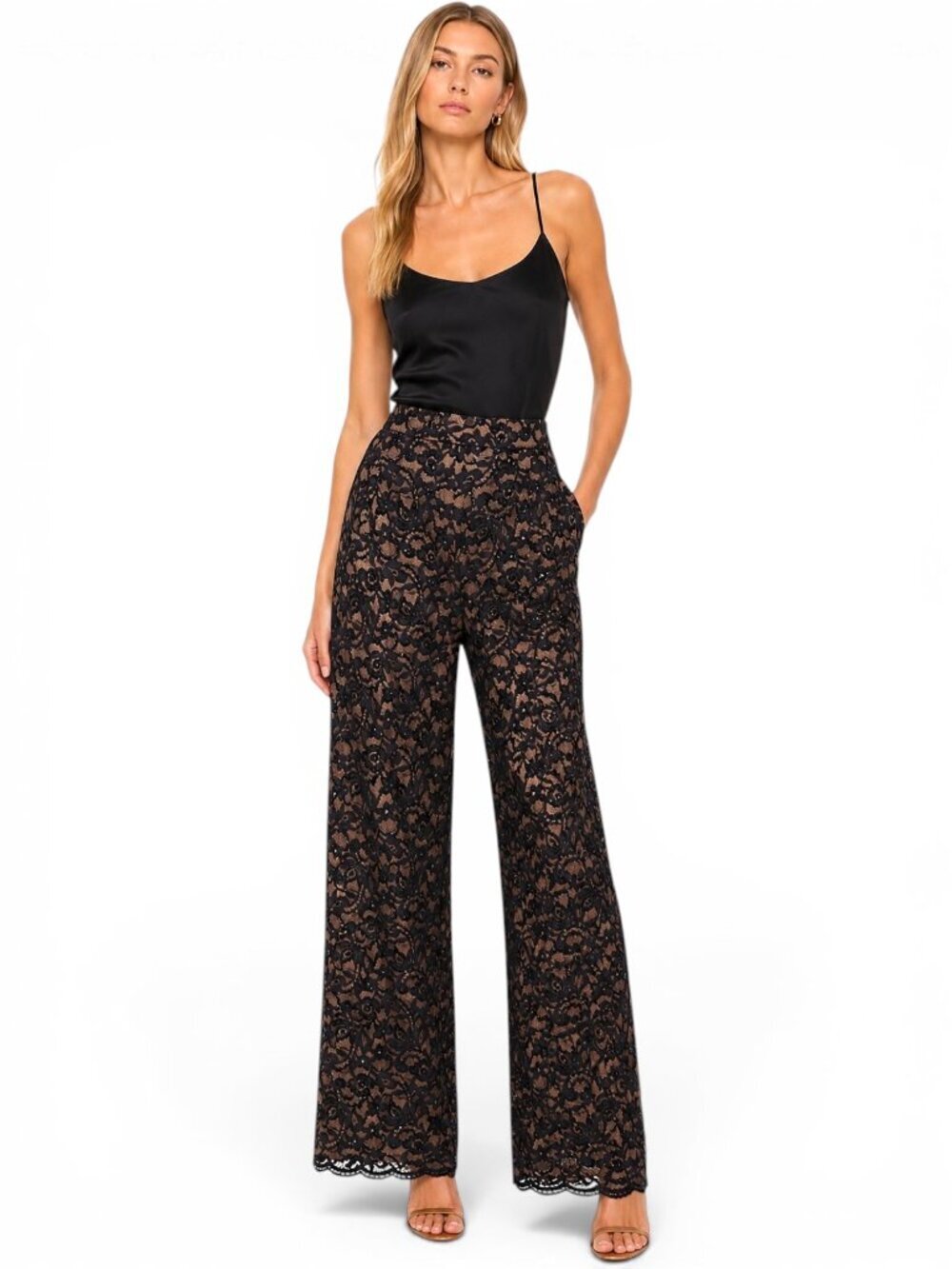 Emanuel Ungaro Beaded Sequin Evening Black Lace Nude Lined Pants New 10 / 44